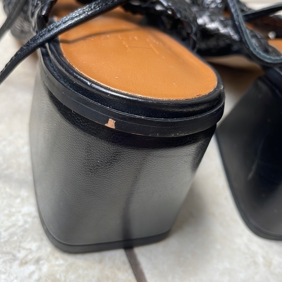 7.5 Halston Piper Strappy Block Chunky Sandal Heels Black Leather Braided - Picture 9 of 12